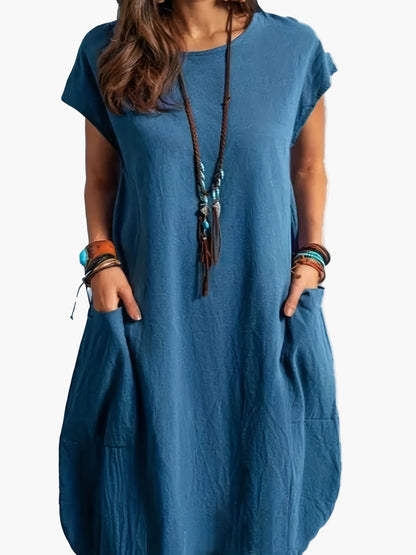 Damen Freizeitkleid Lockeres Tunika Sommerkleid mit Taschen – Bequemes Alltagskleid im Boho-Stil