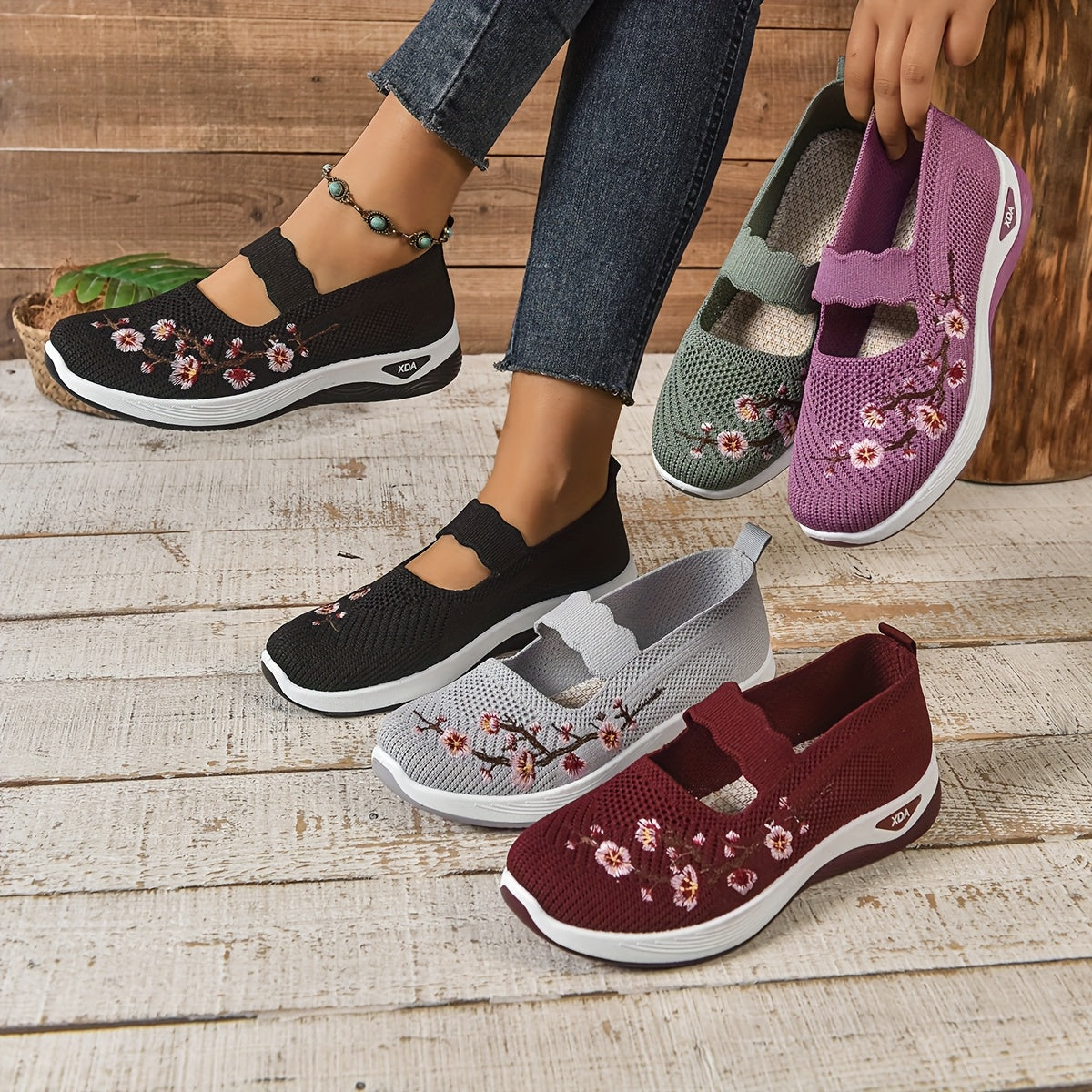 Damen Komfort-Sneaker mit Stickerei und Klettverschluss – Bequeme Freizeitschuhe für Alltag und Spaziergänge