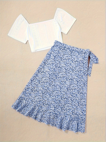 Damen Zweiteiler Set – Romantische Bluse mit Blumen Wickelrock im femininen Stil für Freizeit und Ausflüge