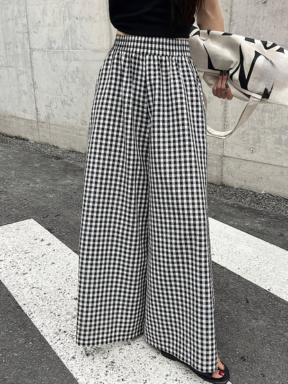 Damen Weite Hose mit Karomuster und hohem Bund – Stilvolle Freizeithose für Alltag & Ausgehen