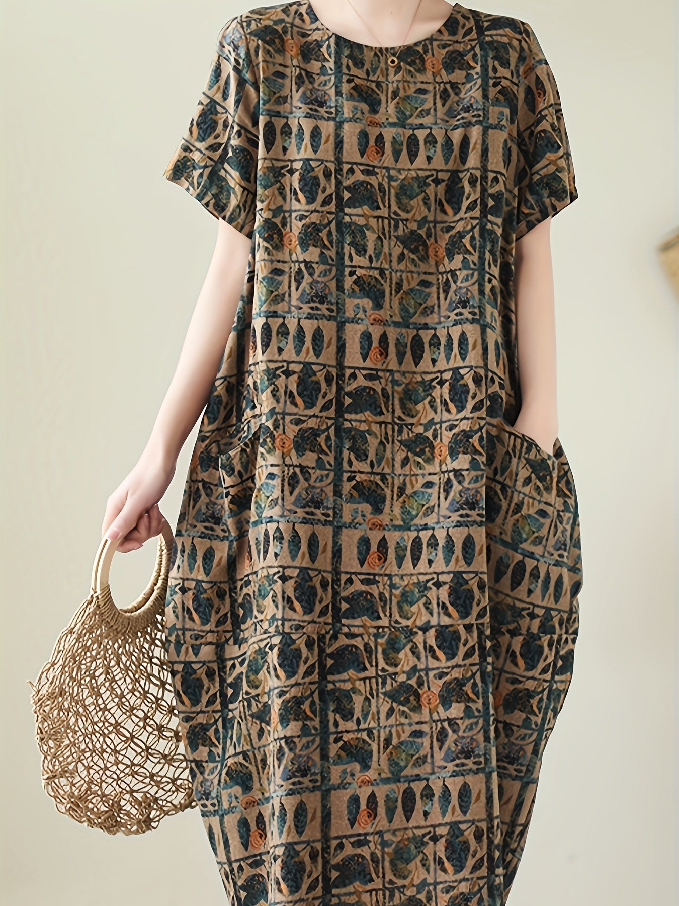 Damen Oversize-Kleid mit künstlerischem geometrisch-botanischem Muster und kurzen Ärmeln – Lässiges Freizeitkleid mit Taschen