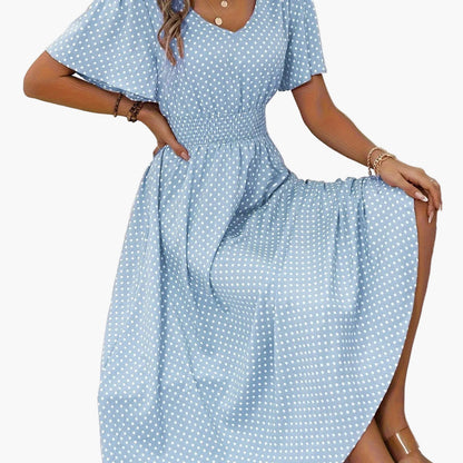 Damen Sommerkleid mit Punkten, V-Ausschnitt, elegant und luftig für Alltag & Urlaub