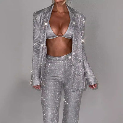 Linda – Glänzendes Damenanzug-Set mit Blazer und geraden Hosen