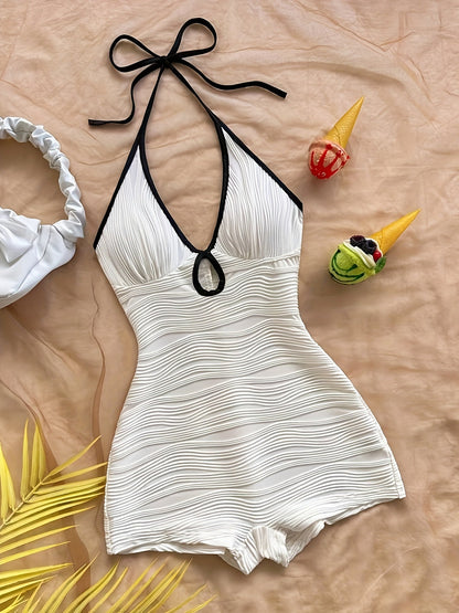 Damen Badeanzug im Vintage-Stil mit Wellendesign und Boyshort-Schnitt – Eleganter Einteiler für Strand und Pool