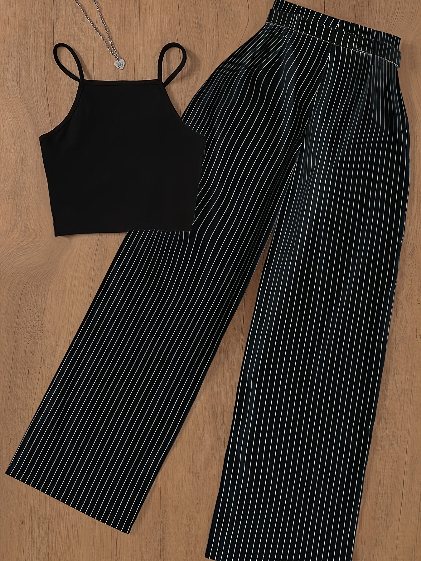 Damen Eleganter Streifen Zweiteiler Set – Modisches Top mit weitem Hosenanzug für Business & Freizeit
