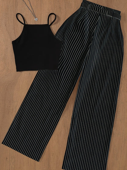 Damen Eleganter Streifen Zweiteiler Set – Modisches Top mit weitem Hosenanzug für Business & Freizeit