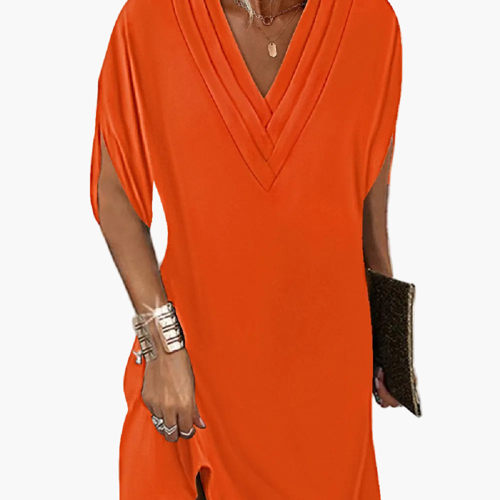 Damen Elegant Kleid mit V-Ausschnitt und Schlitzärmeln – Stilvoll für Alltag und Abend