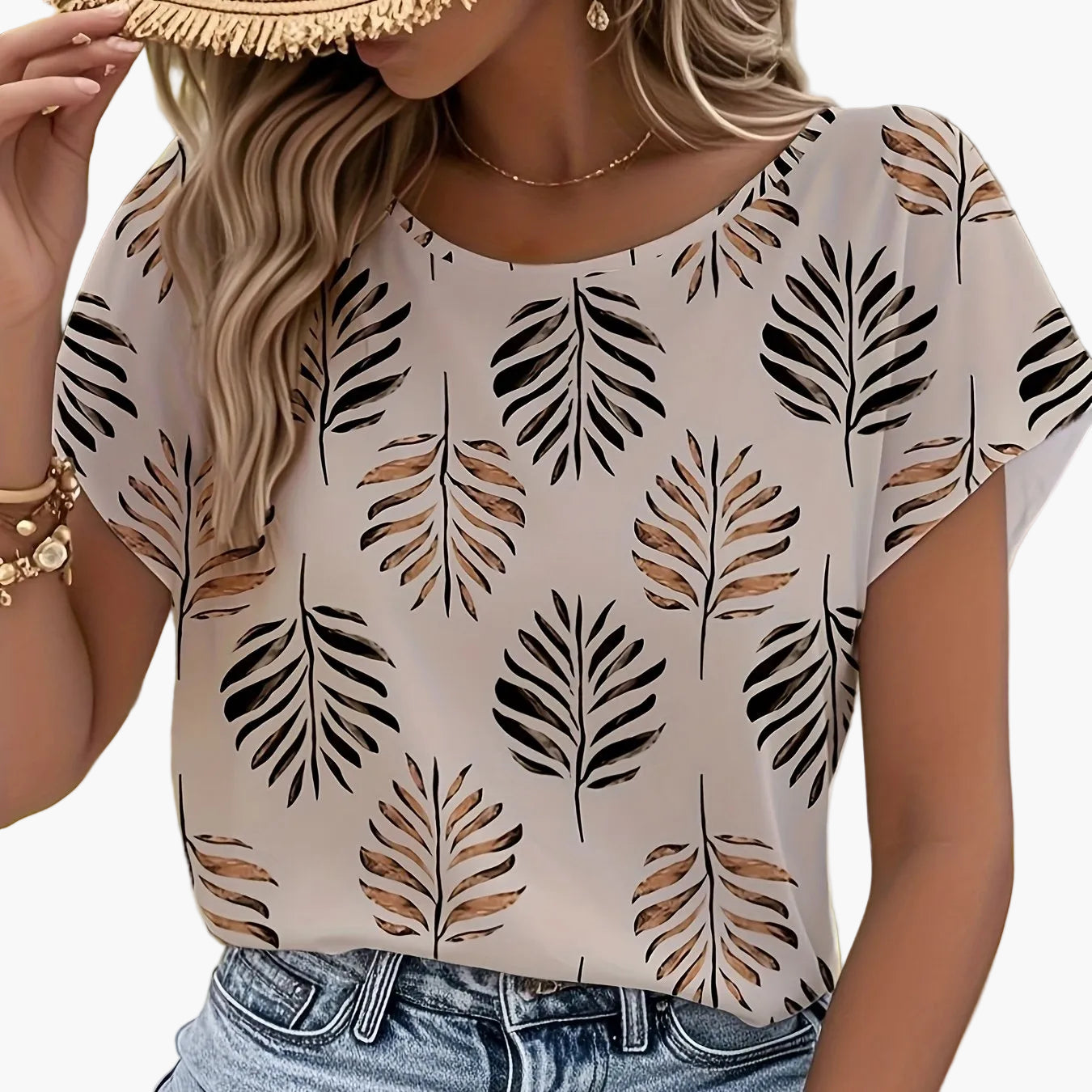 Damen Elegantes Sommer-Top mit Blättermuster – Ideal für Gartenpartys und Freizeit