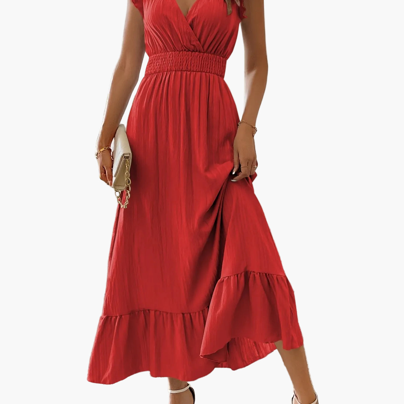 Damen Elegantes Maxikleid mit V-Ausschnitt und Rüschen – Perfekt für Sommer und besondere Anlässe