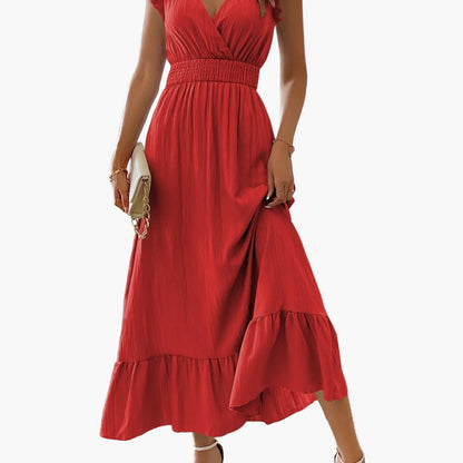 Damen Elegantes Maxikleid mit V-Ausschnitt und Rüschen – Perfekt für Sommer und besondere Anlässe