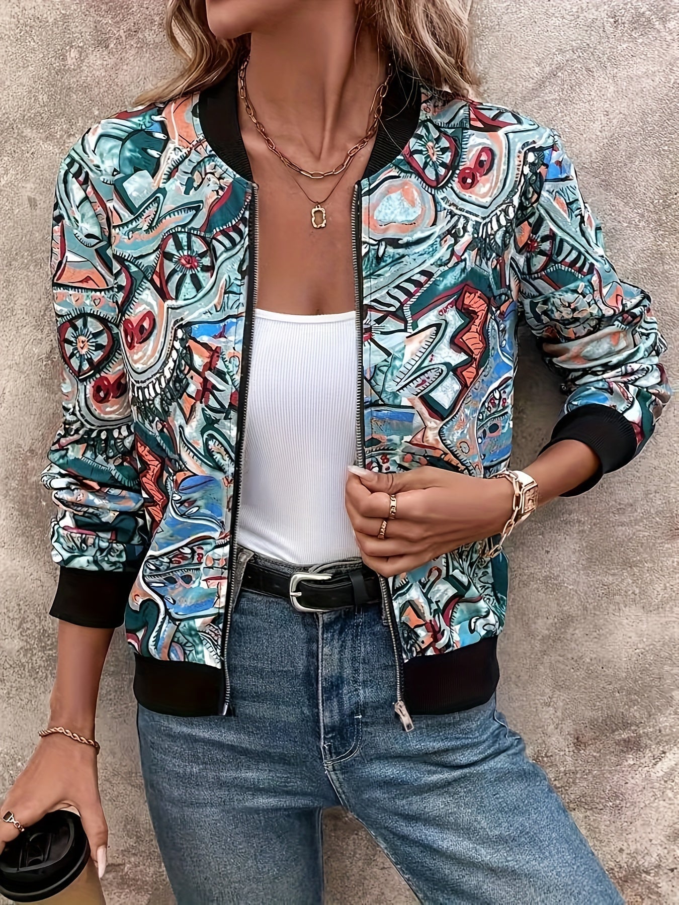 Damen Bomberjacke mit künstlerischem Print – Stilvolle Übergangsjacke für Freizeit & Alltag