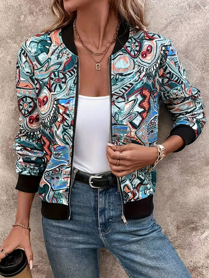 Damen Bomberjacke mit künstlerischem Print – Stilvolle Übergangsjacke für Freizeit & Alltag