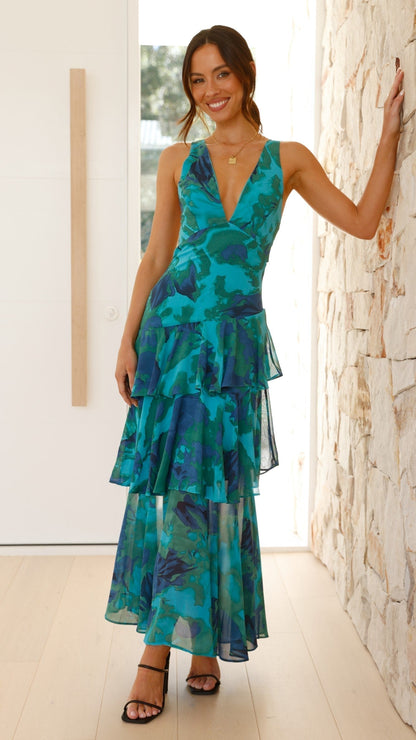 Damen Maxi Kleid mit Volants und tiefem V-Ausschnitt – Elegantes Sommerkleid für besondere Anlässe