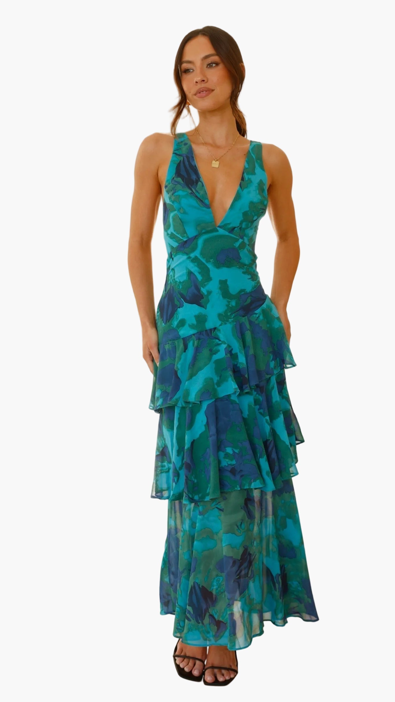 Damen Maxi Kleid mit Volants und tiefem V-Ausschnitt – Elegantes Sommerkleid für besondere Anlässe