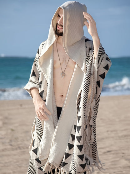 Herren Boho Poncho mit Kapuze und geometrischem Muster – Strand & Festival Überwurf