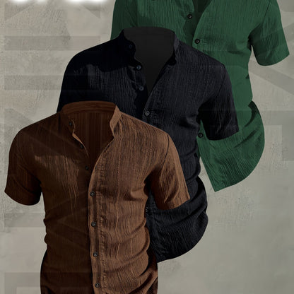 Herren 3er-Pack Freizeithemd mit Stehkragen, Kurzarm, Modernes Design, Knopfleiste