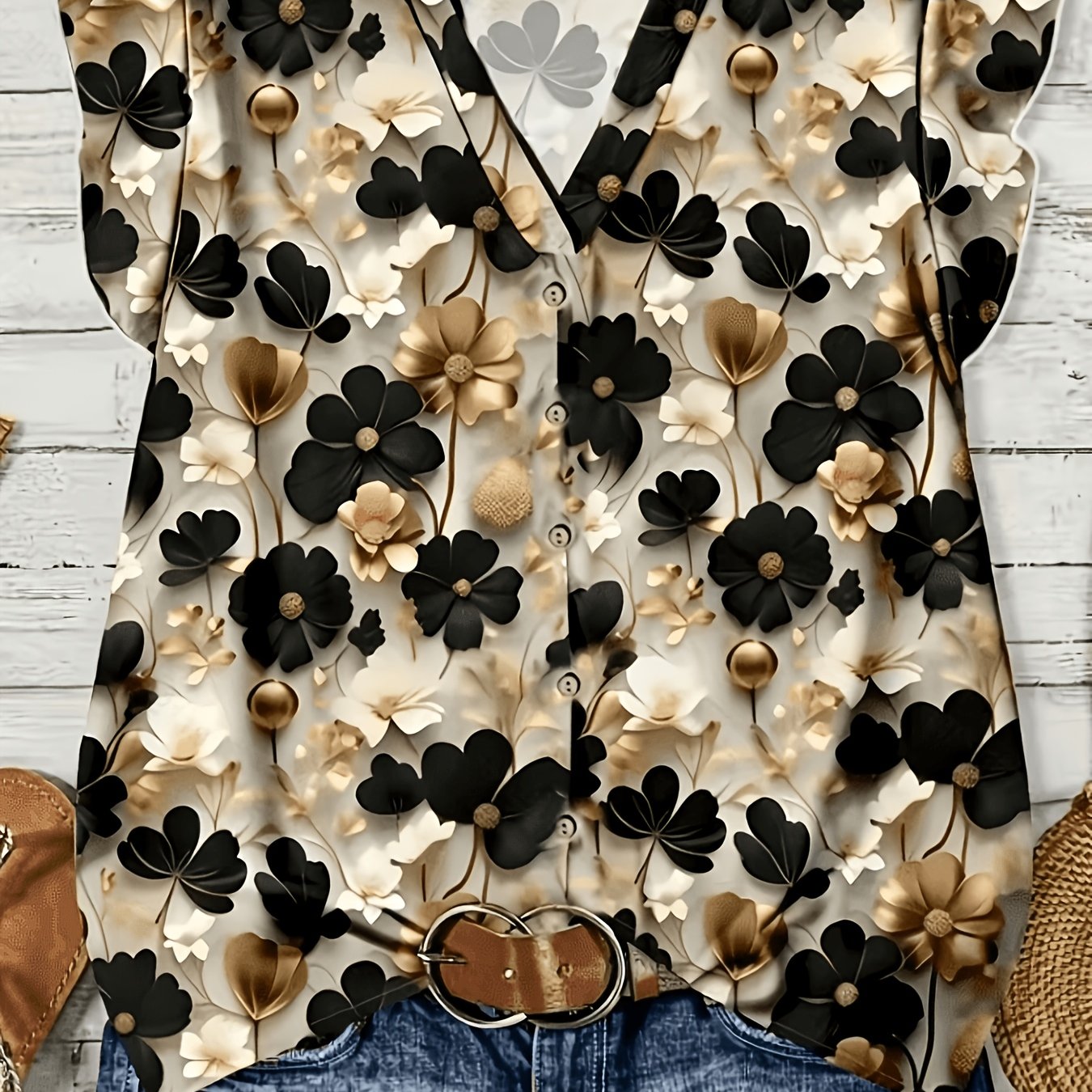 Damen-Bluse mit Blumenmuster und V-Ausschnitt – Eleganter Freizeit- und Alltagsstil