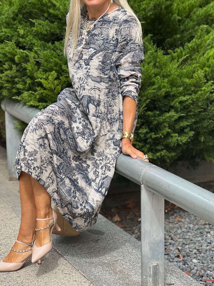 Damen Vintage Langarm Baumwollkleid mit Print – Lockeres Maxikleid für Herbst und Winter