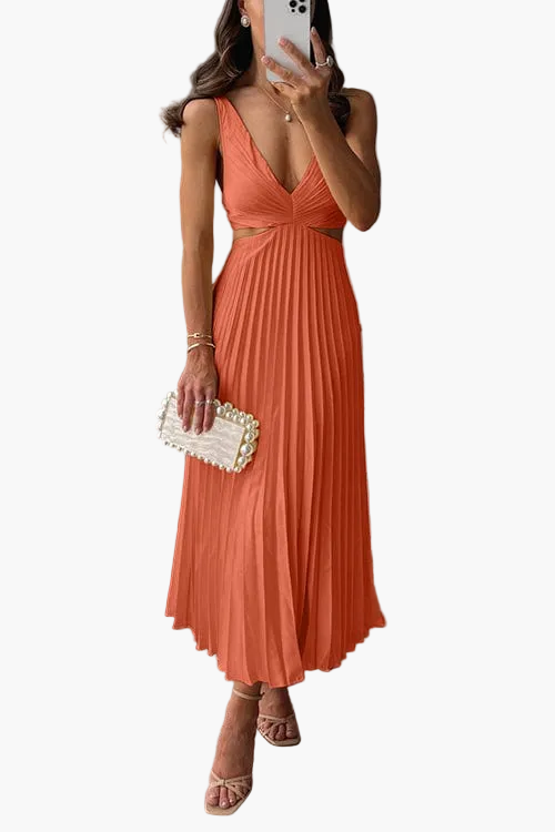 Damen Plissee-Midikleid Elegant – Festliches Abendkleid mit Faltenrock und Cut-Outs, Cocktail & Anlassmode