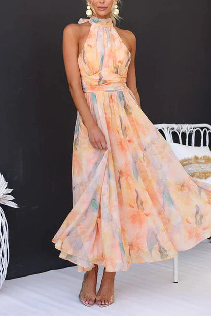 Damen Maxi Sommerkleid mit Wasserfarben-Print und Neckholder – Elegantes Kleid für besondere Anlässe