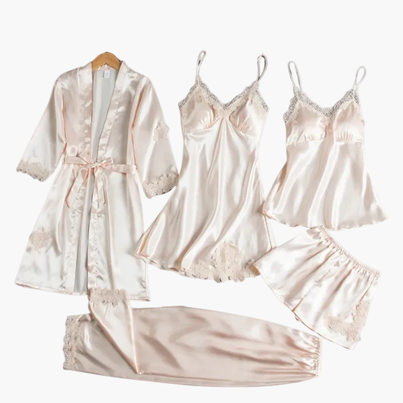 Damen Luxus Nachtwäsche Set – 5-teiliges Satin Schlafanzug Set mit Kimono, Nachthemd, Top, Shorts und Hose – Eleganter Stil für Zuhause und besondere Anlässe
