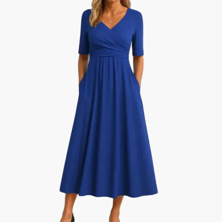 Damen Midikleid Elegant Festlich mit Halbarm – Feminines Crossover-Kleid für Hochzeit, Feier & Alltag