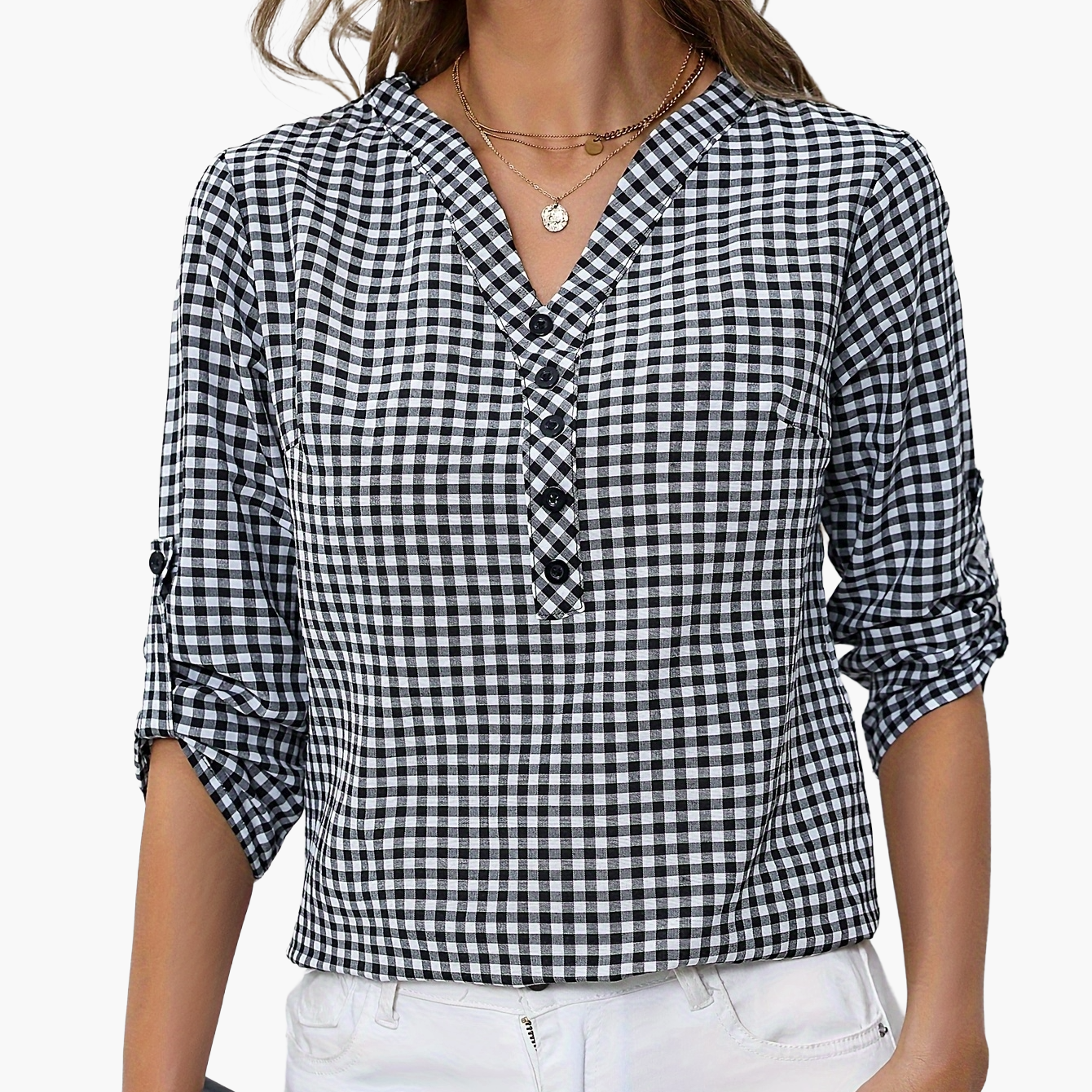 Damen Casual Karo Bluse mit Knopfleiste und 3/4-Ärmeln – Perfekt für Alltag & Freizeit