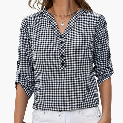 Damen Casual Karo Bluse mit Knopfleiste und 3/4-Ärmeln – Perfekt für Alltag & Freizeit