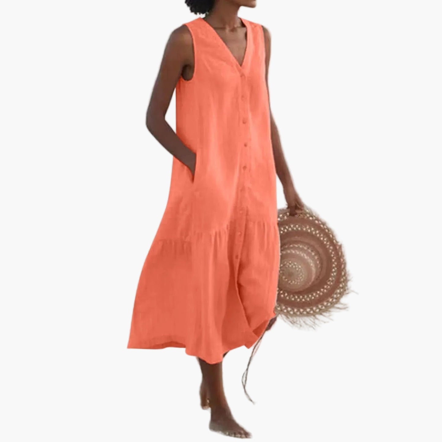 Damen Sommer Midikleid ärmellos V-Ausschnitt Strandkleid Freizeitkleid