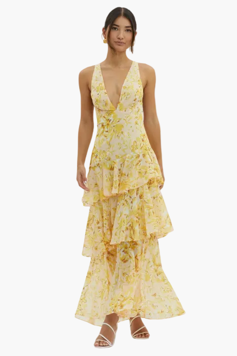 Damen Maxi Kleid mit Volants und tiefem V-Ausschnitt – Elegantes Sommerkleid für besondere Anlässe