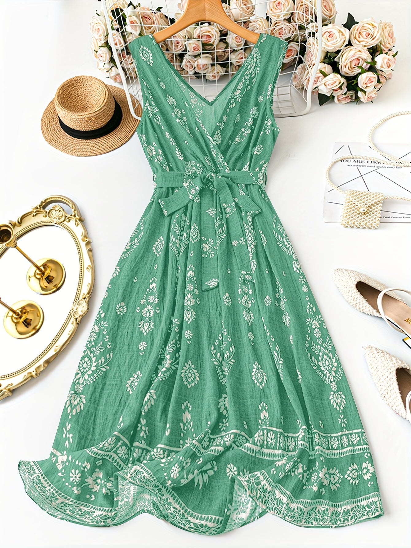 Damen Boho Maxikleid mit Gürtel und Vintage Print – Elegantes Sommerkleid für Alltag und besondere Anlässe