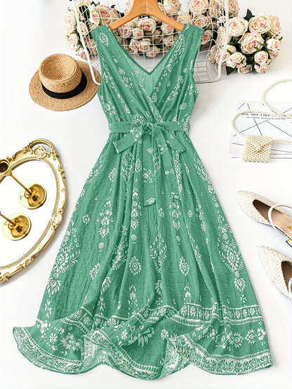 Damen Boho Maxikleid mit Gürtel und Vintage Print – Elegantes Sommerkleid für Alltag und besondere Anlässe