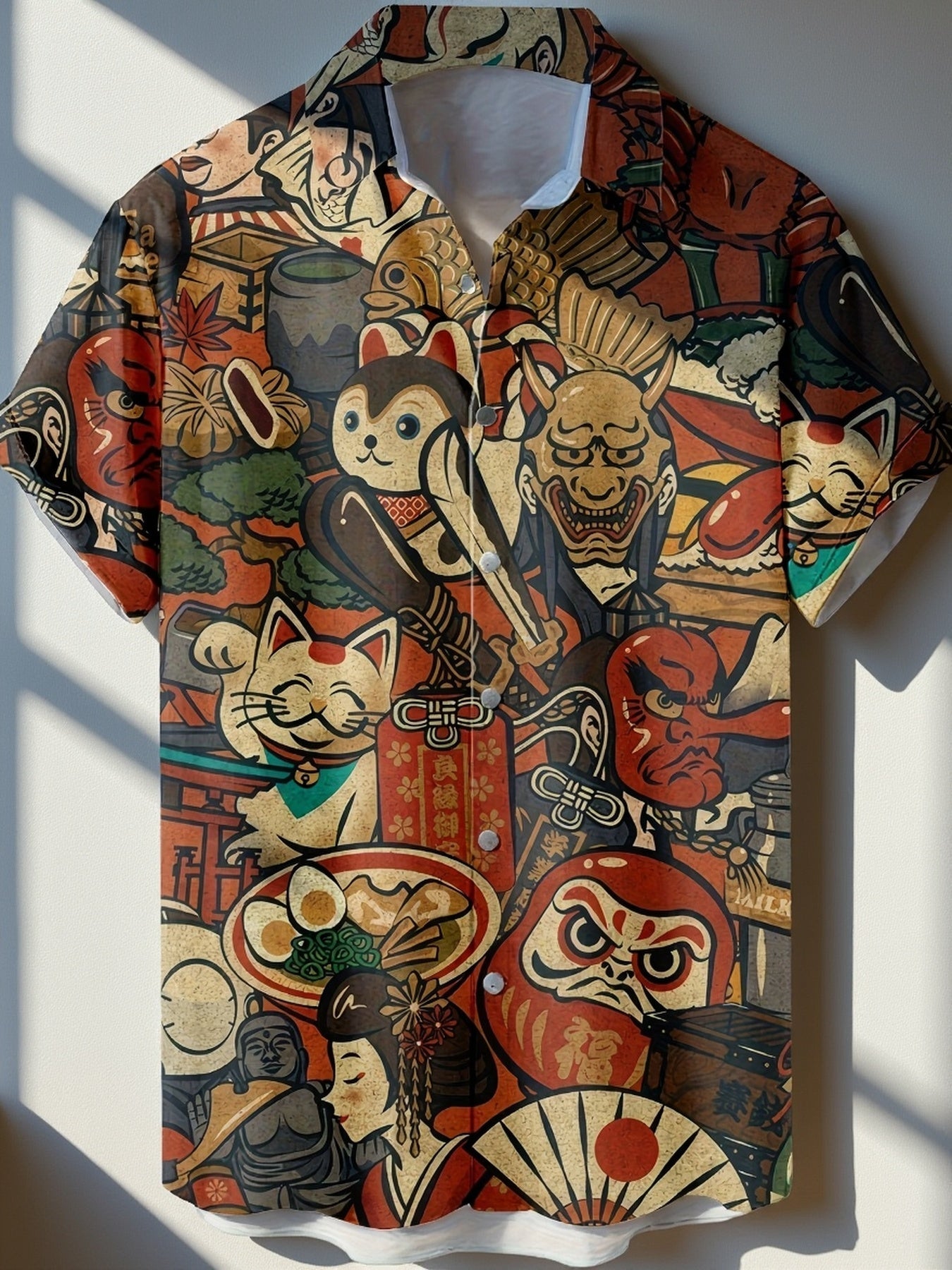 Herren Kurzarmhemd mit Japanischem Kunst- und Glückssymbol-Print – Casual Streetwear