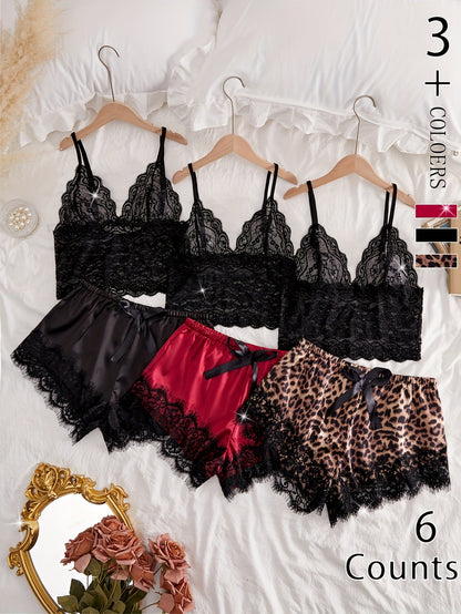 Damen Spitzen Pyjama Set 3-teilig – Elegantes Loungewear Set mit Bralette und Shorts für stilvolle Nächte