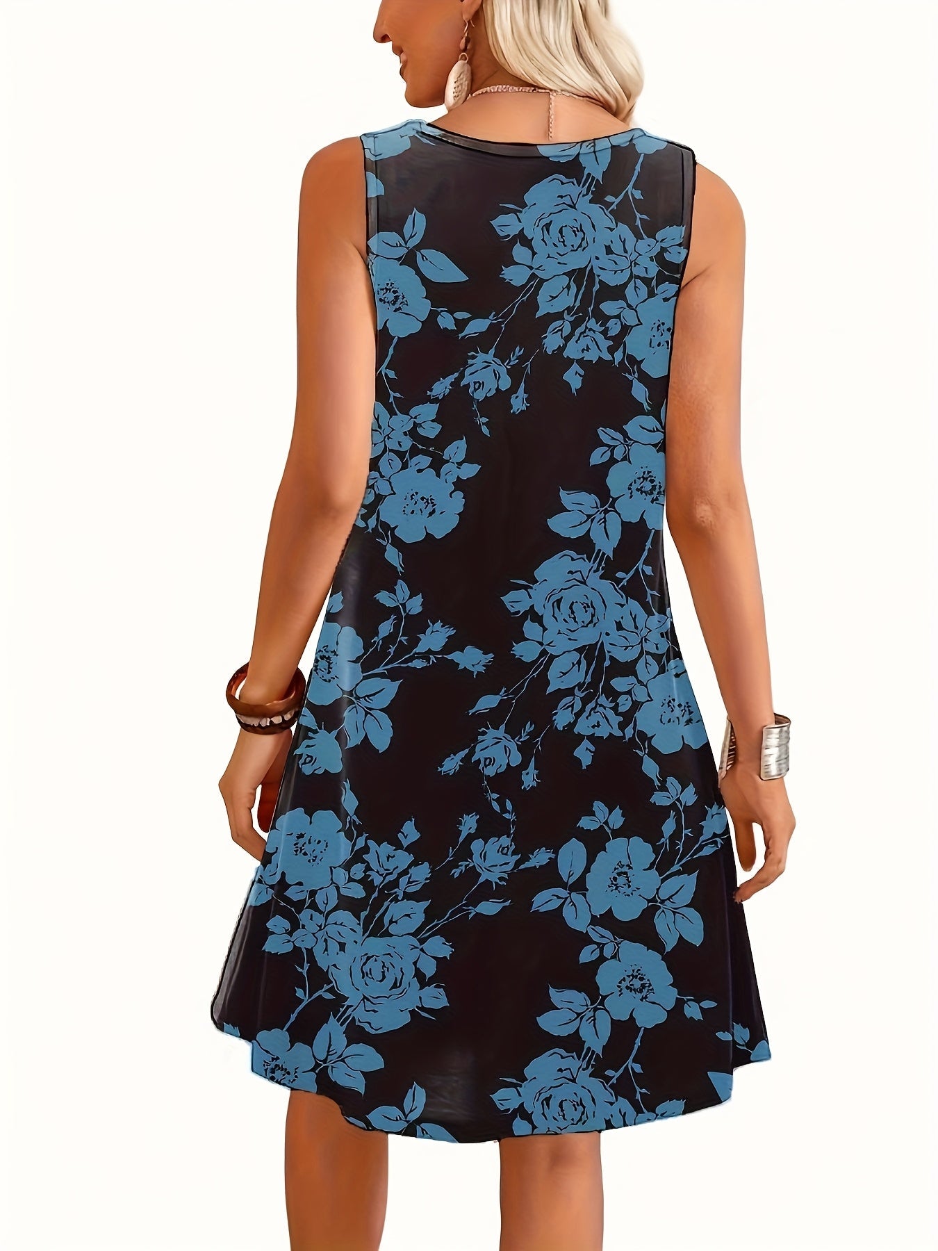 Damen Sommerkleid ärmellos mit floralem Print, elegantes Freizeitkleid für Alltag und Urlaub