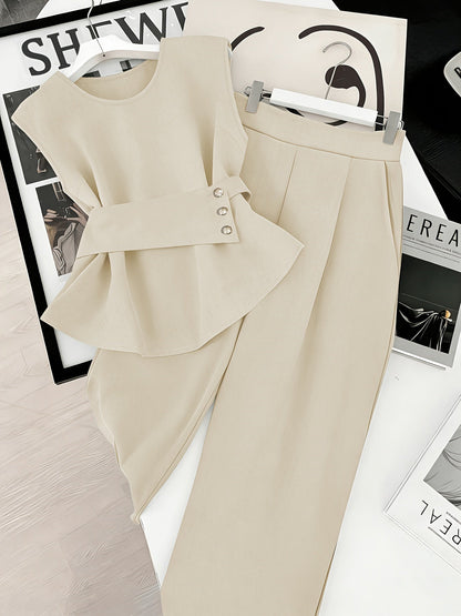 Damen Zweiteiler Set Elegant – Pullover mit Gürtel & Gerade Hose, Modernes Business Outfit