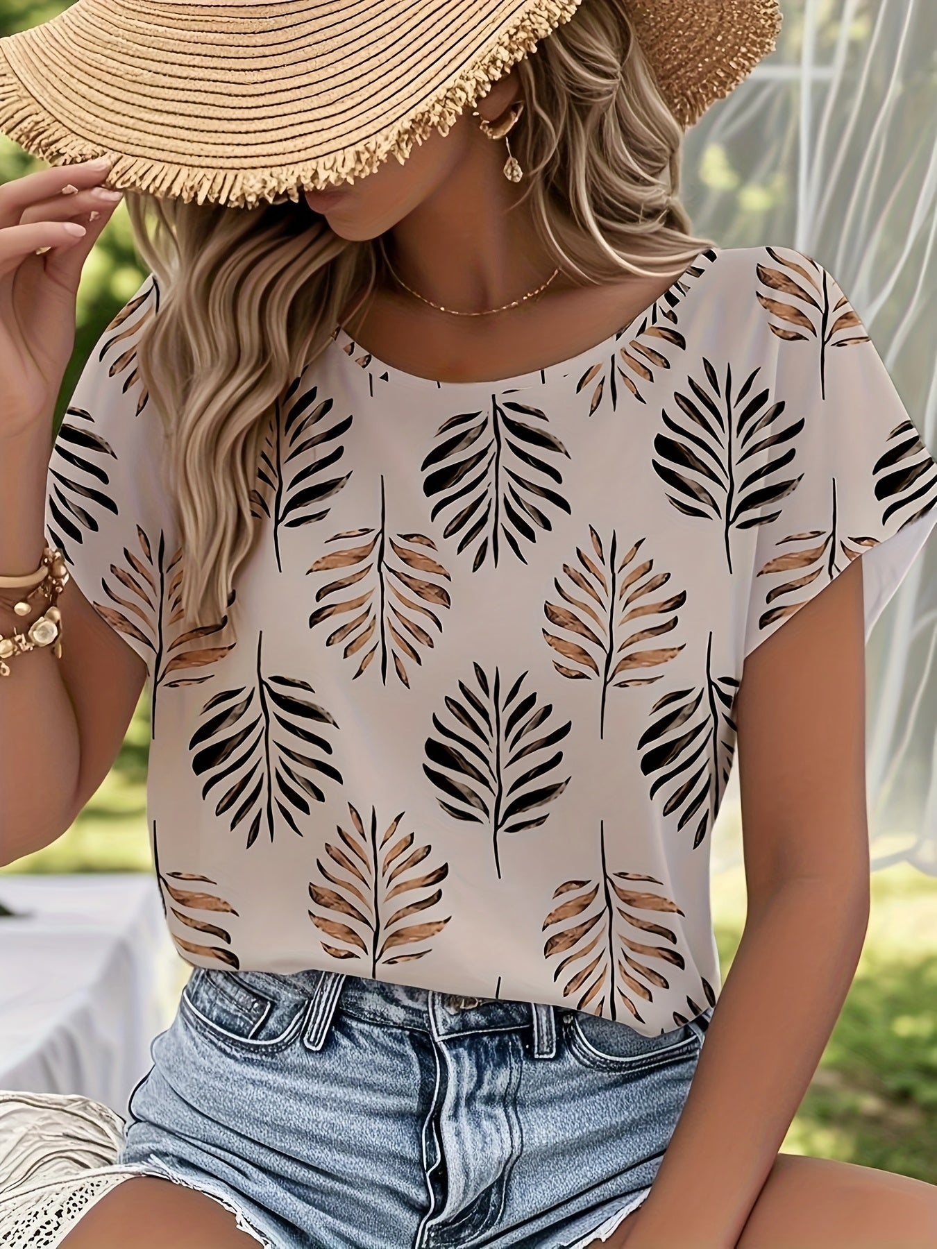 Damen Elegantes Sommer-Top mit Blättermuster – Ideal für Gartenpartys und Freizeit