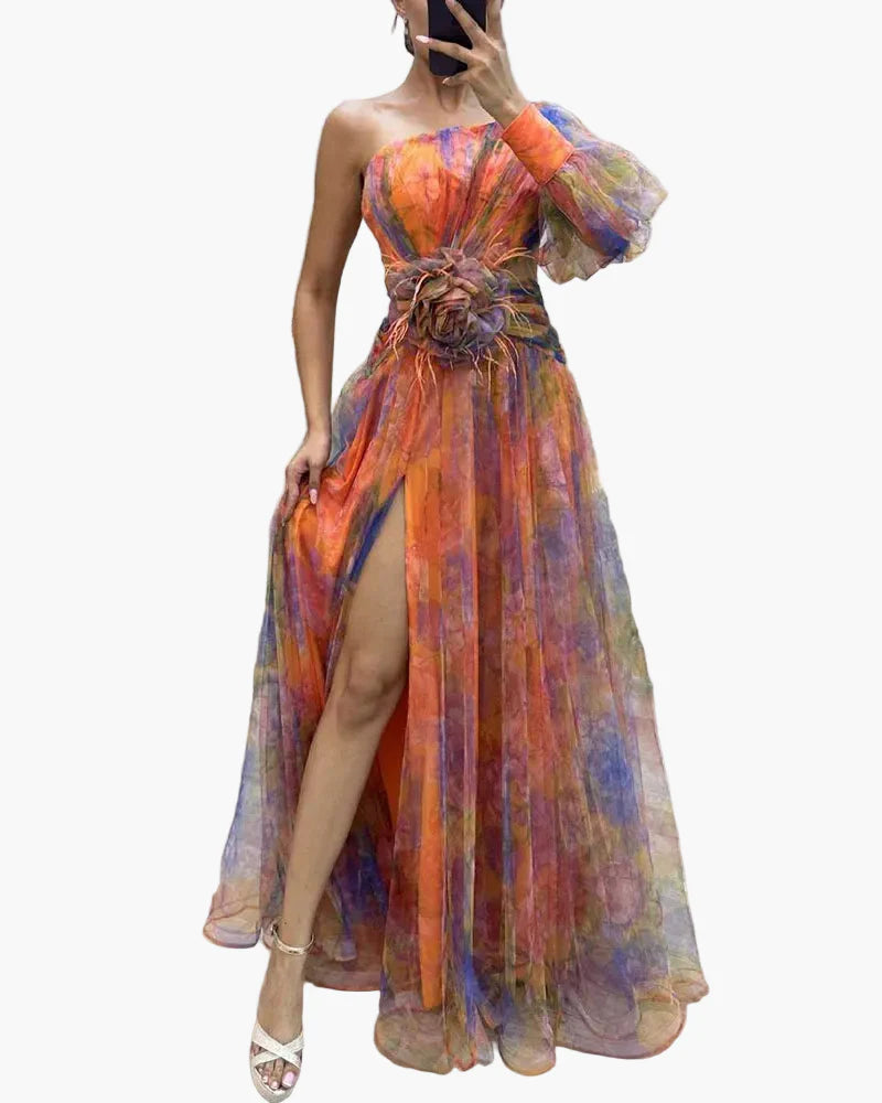 Damen Abendkleid mit One-Shoulder-Design und Blumenapplikation – Elegantes Maxikleid für besondere Anlässe