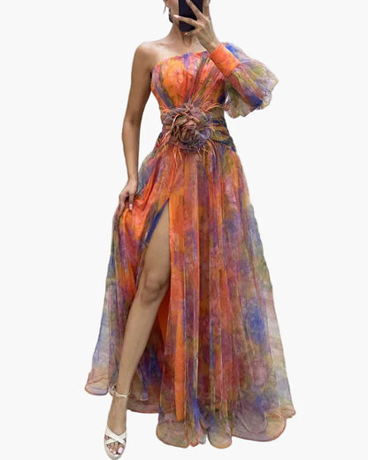Damen Abendkleid mit One-Shoulder-Design und Blumenapplikation – Elegantes Maxikleid für besondere Anlässe