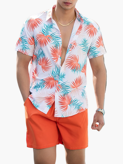 Herren Sommer Strand Set – Kurzarm Hemd & Shorts, Tropischer Print, Lässiger Look für Urlaub & Freizeit