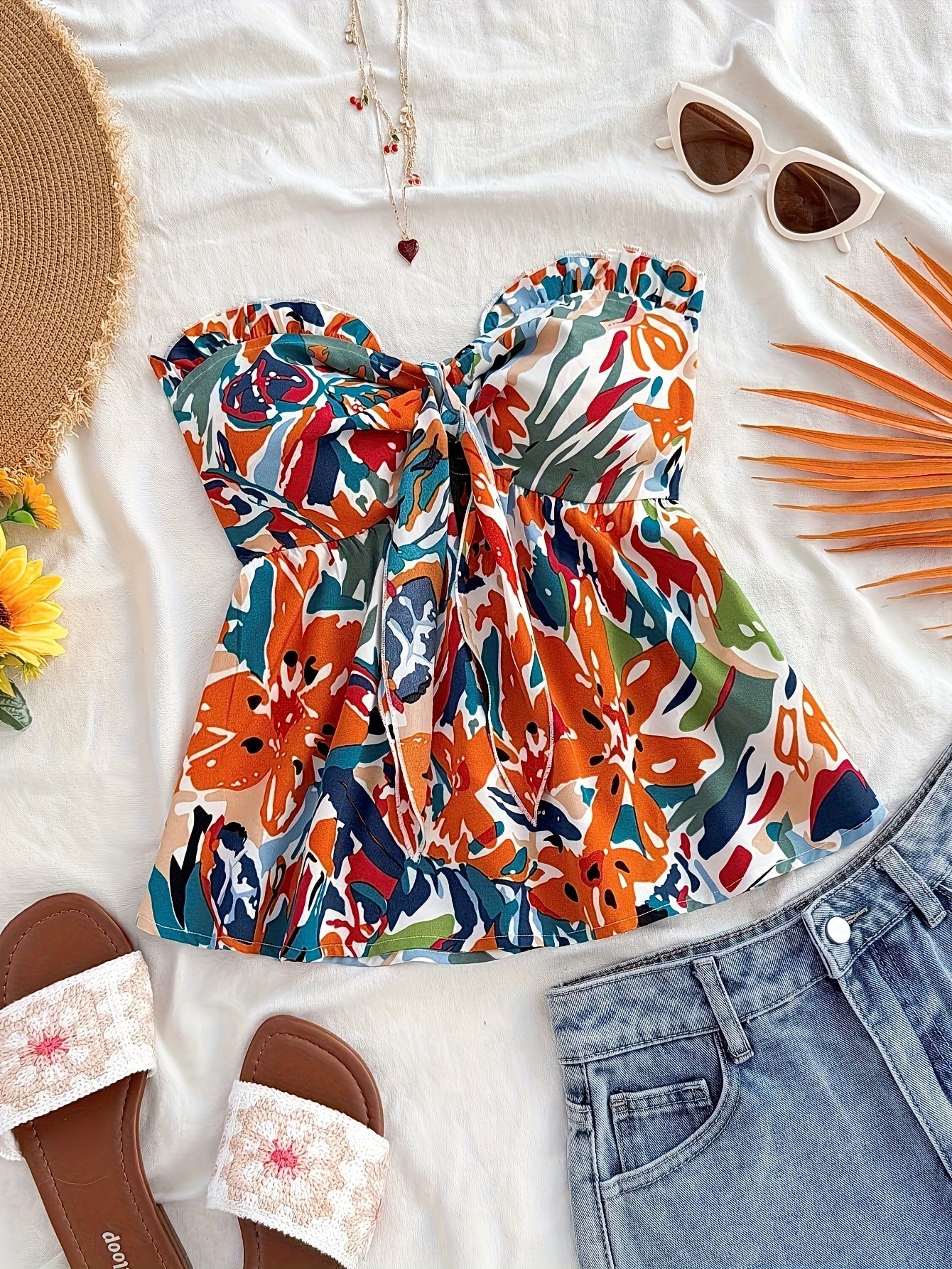 Damen Bandeau Crop Top mit Knoten und Blumenmuster – Modisches Bustier für Urlaub und Sommer-Outfits