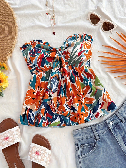 Damen Bandeau Crop Top mit Knoten und Blumenmuster – Modisches Bustier für Urlaub und Sommer-Outfits