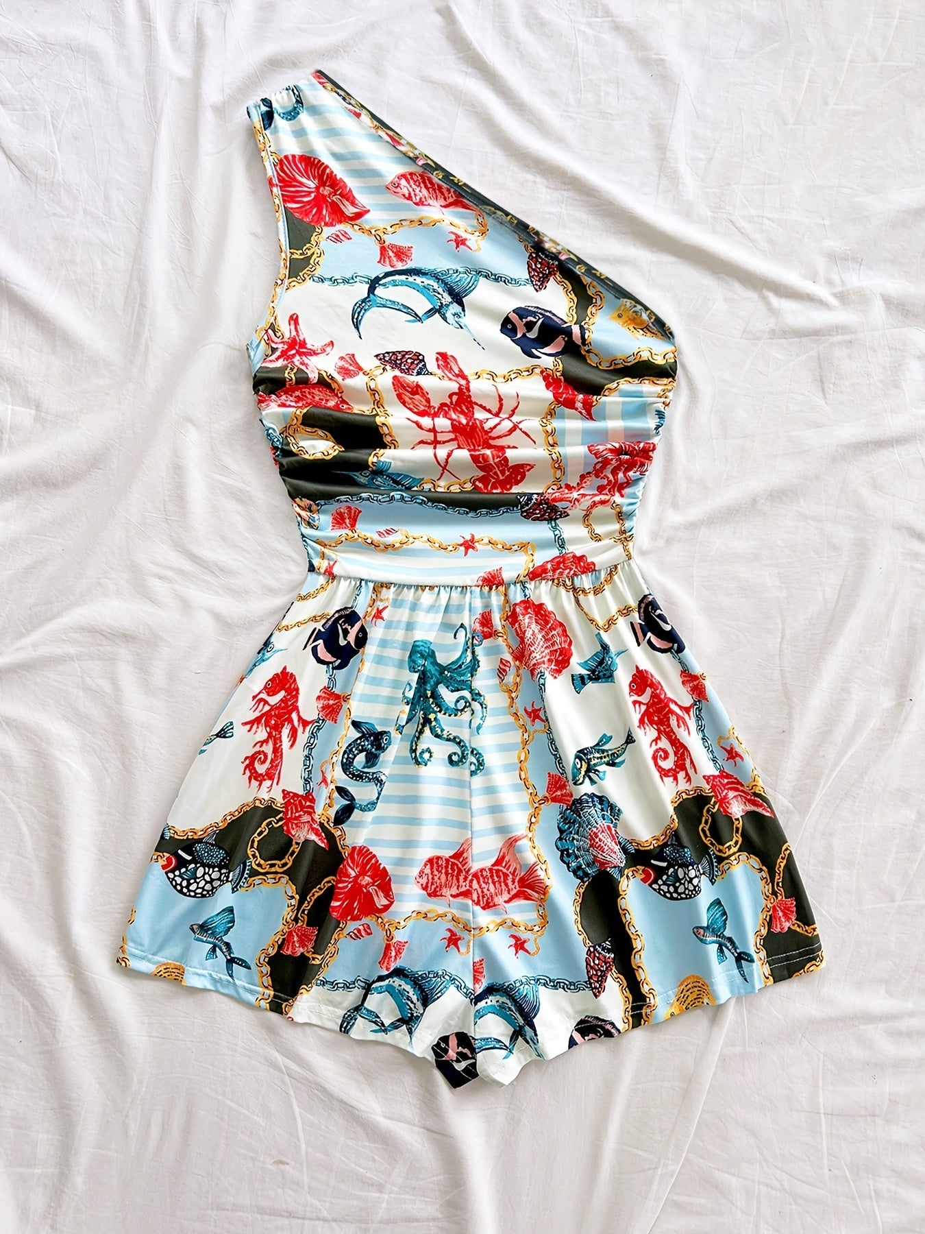Damen Ein-Schulter Jumpsuit mit Tropenprint – Modischer Sommer Overall für Freizeit und Urlaub