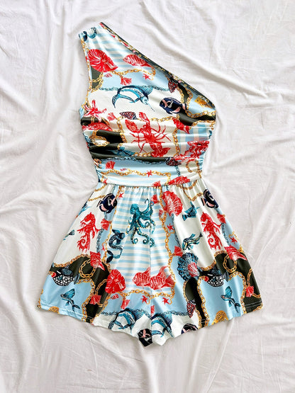 Damen Ein-Schulter Jumpsuit mit Tropenprint – Modischer Sommer Overall für Freizeit und Urlaub