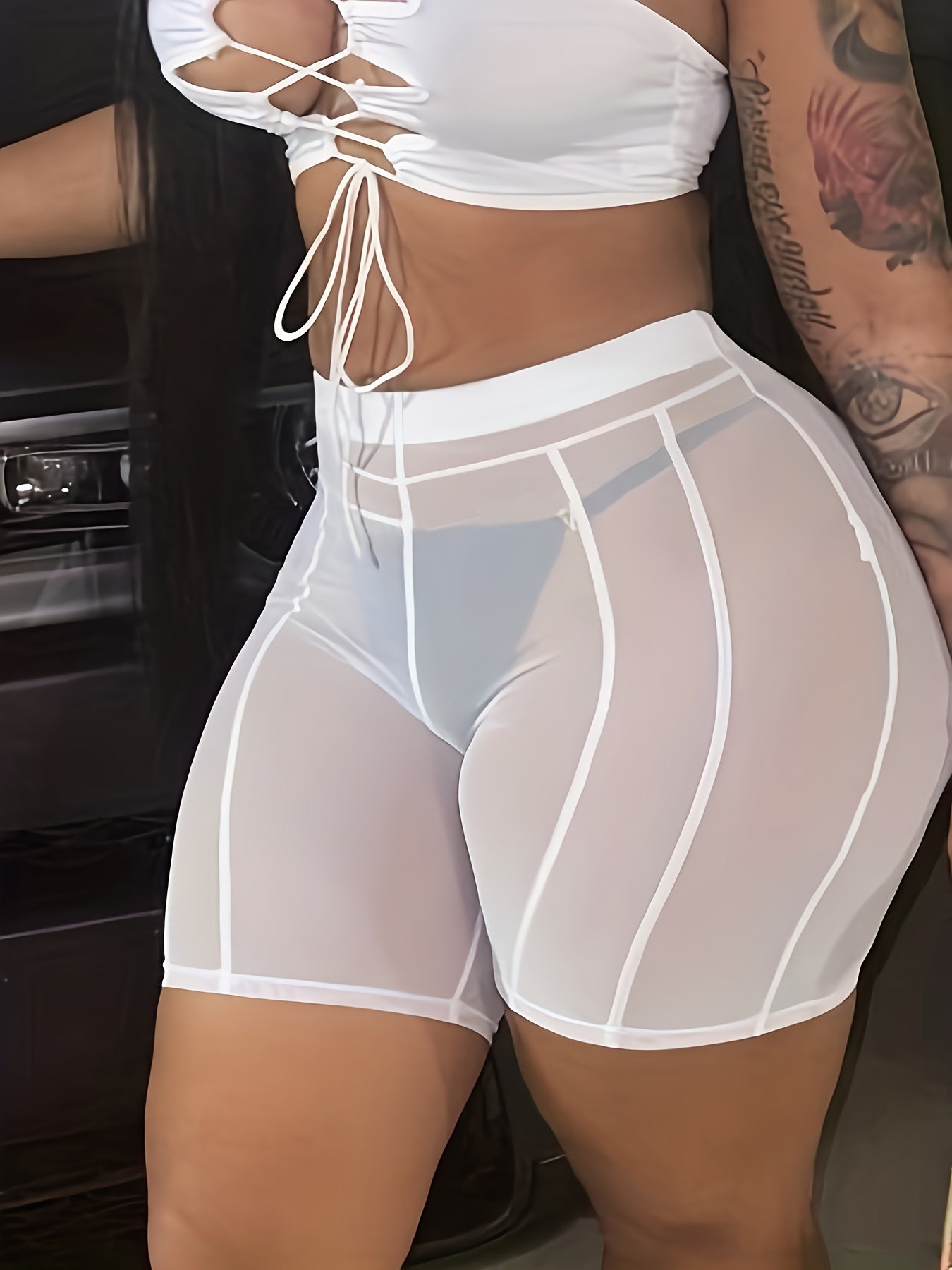 Damen High Waist Mesh Radler-Shorts mit Kontrastnähten – Trendige Bade- & Festivalmode