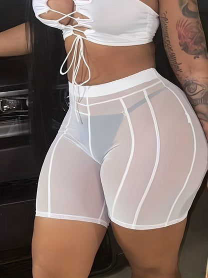 Damen High Waist Mesh Radler-Shorts mit Kontrastnähten – Trendige Bade- & Festivalmode