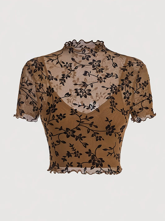 Damen Mesh Crop Top mit Blumenmuster und Stehkragen – Eleganter Party- und Alltagslook