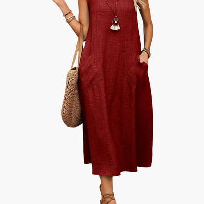 Damen Sommer Freizeitkleid ärmellos mit Taschen – Lockeres Midi Kleid für Alltag und Urlaub