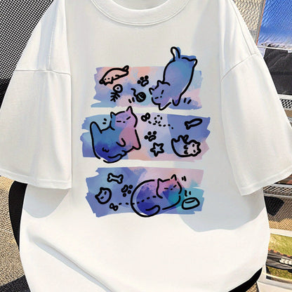 Damen Oversize T-Shirt mit künstlerischem Katzen-Print – Verspieltes Design für Katzenliebhaberinnen