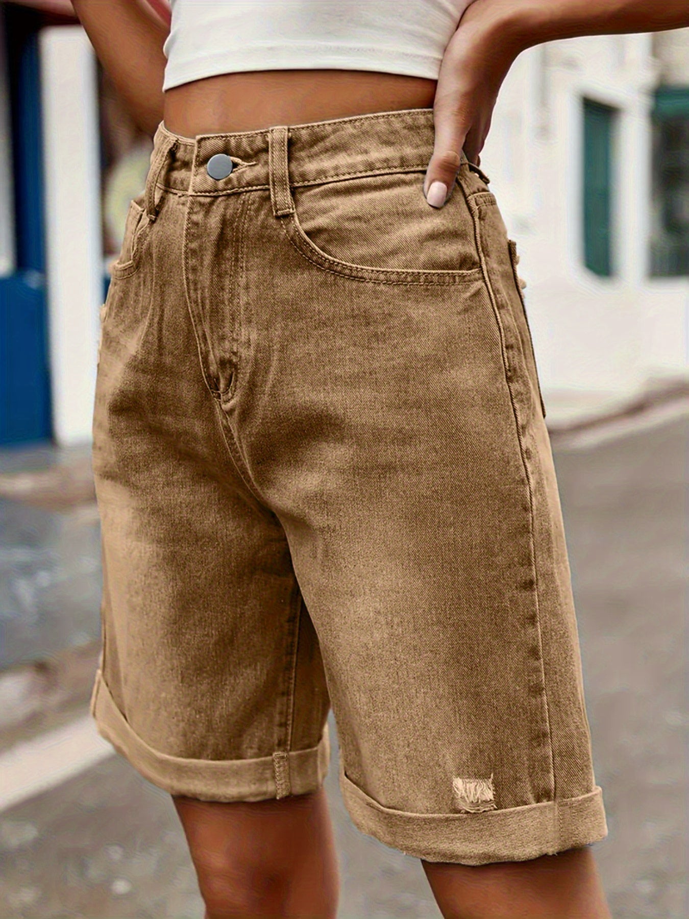 Damen Jeans-Bermuda Shorts im Casual Street Style – Hoher Bund, Used-Look, Sommermode